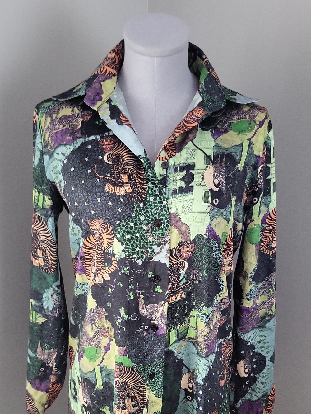 Dimora Tiger Jungle Print Button Front Shirt Dress Sz M Long Sleeve
